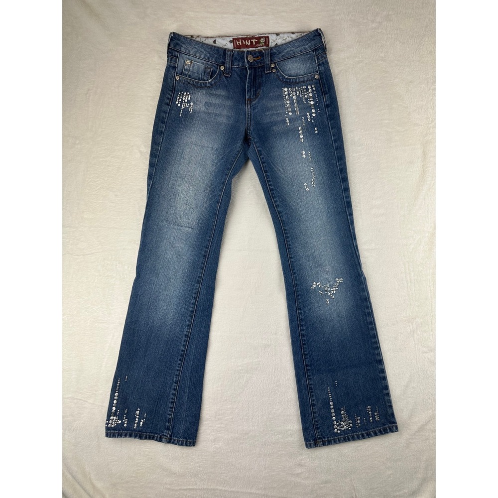 Hint Jeans Bootcut‎ Womens 1 Low Rise Blue Rhinestone Y2K Studded Denim Cotton